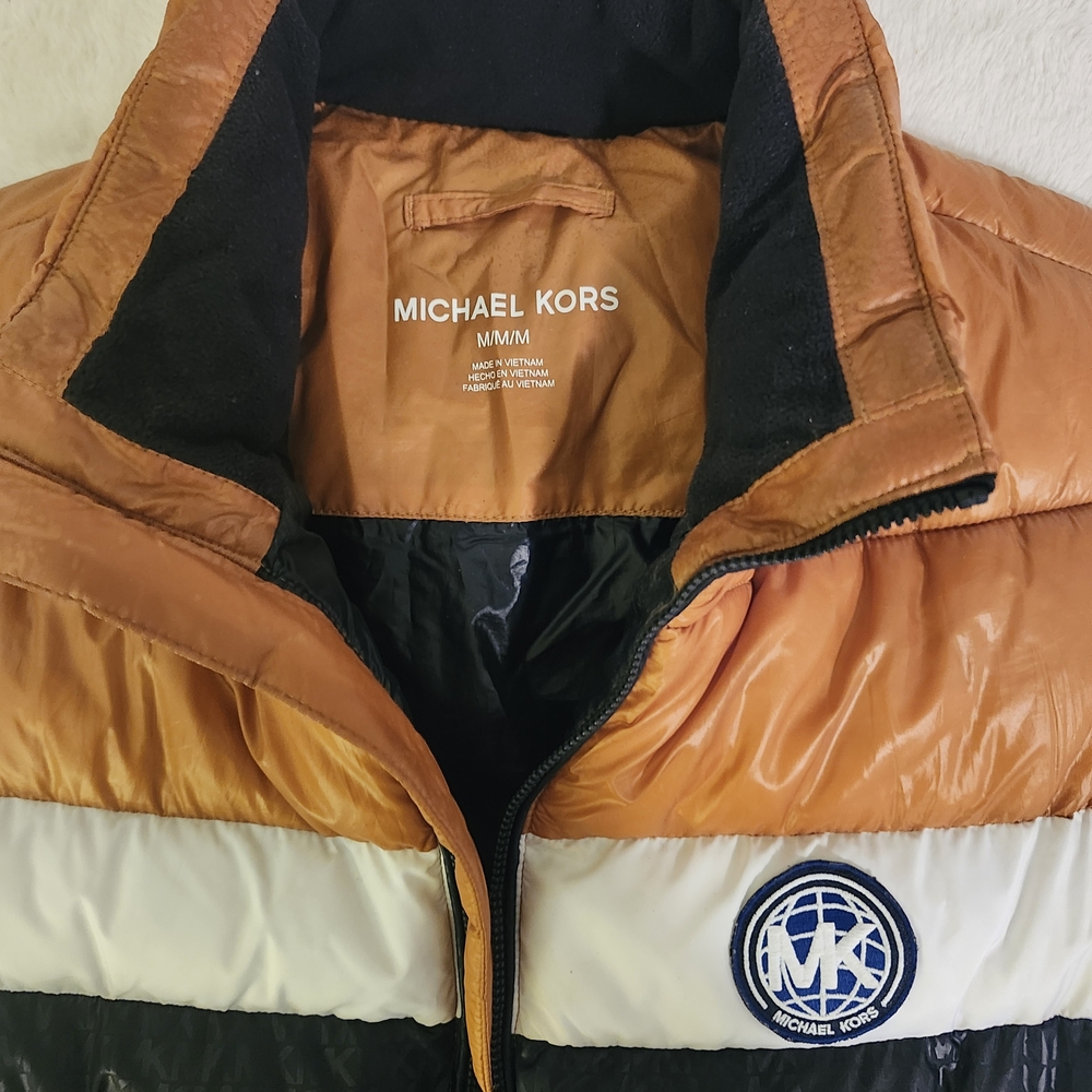 Michael Kors Men's Colorblock Puffer Vest - Orange, White, Black - Picture 2 of 4